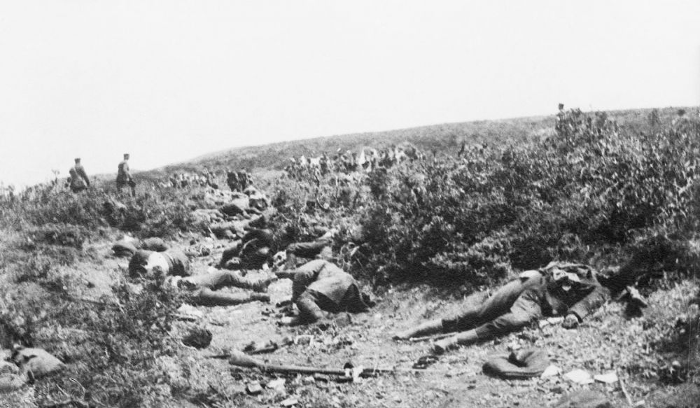 Dead Turks lying in a gravelly gutter on the Nek. They were killed on 19 May 1915. Taken on Armistice Day, 24 May.